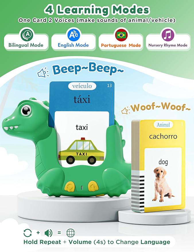 Portuguese and English Talking Flash Cards for Kids, 510 Sight Words Bilingual Learning Toys for Toddlers, Brazilian Portuguese Alphabet Flashcards Pocket Speech Therapy Toys, Dinosaur Shaped