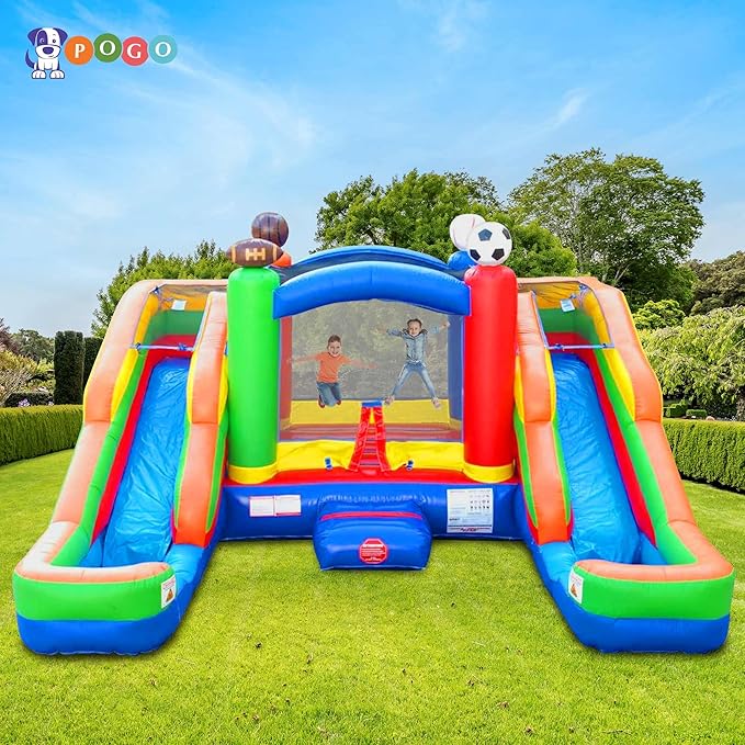 Crossover Sports Double Water Slide Bounce House Combo, 16.5 x 15 x 11 Foot, PVC Vinyl Inflatable Bouncy House for Kids, Wet or Dry Slides, with Stakes and Storage Bag, Blower not Included