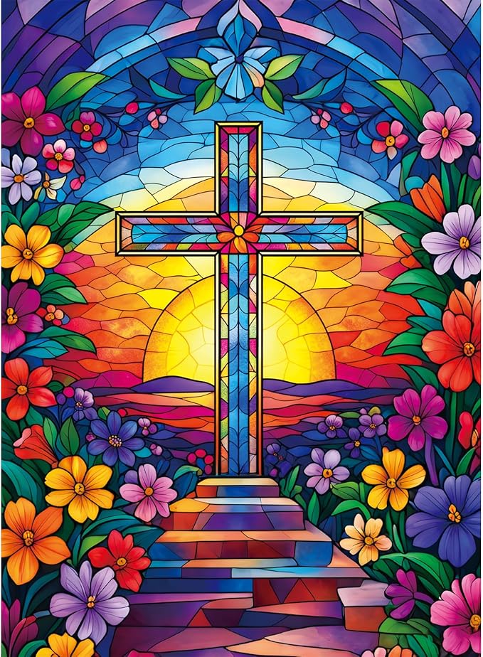 Puzzles for Adults 500 Pieces,Cross Stained Glass Puzzles for Adults,Christian Puzzles & Colorful Flower Jigsaw Puzzle for Seniors,Religious Puzzle as Home Decor Puzzle,Holiday Party Gifts,20.5x15 in