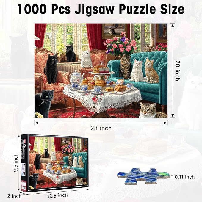 Cat Afternoon Tea Puzzles for Adults 1000 Pieces, Vintage Cat Jigsaw Puzzle with Letters on Back, 28x20 Inch Wall Art, Hard Challenging Family Game, Easter
