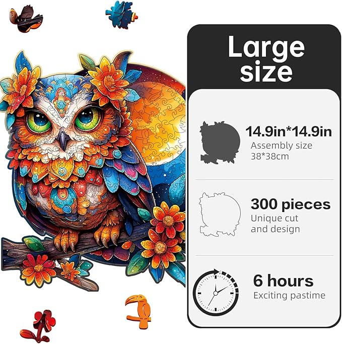 Wooden Puzzles for Adults Owl Jigsaw Puzzles 300 Piece,Thanksgiving Birthday Gifts Family Game,Unique Shape Puzzle Challenge 14.9 x 14.9 Inch