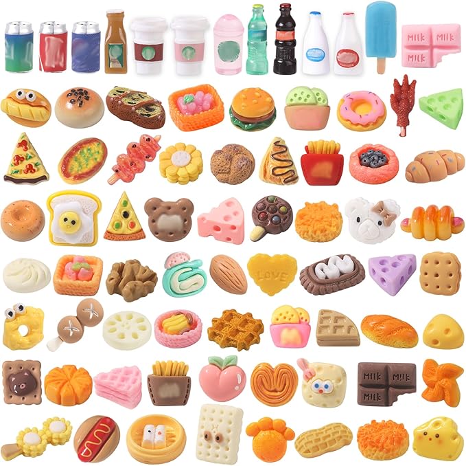 DULEFUN 100pcs Miniature Foods Drink Bottles Toys, Mixed Mini Resin Food Drinks Figures Pretend Play Kitchen Game Party Favor Toy for Dollhouse Accessories Decorations