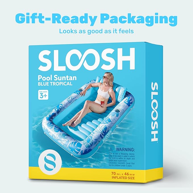 SLOOSH Inflatable Tanning Pool Lounger Float, 70" x 46" Pool Floats Adult with Pillow, 4 in 1 Suntan Tub Raft Floatie,Sunbathing Bed Lounge for Water Blow Up Kids Ball Pit Party Gifts, L-Blue