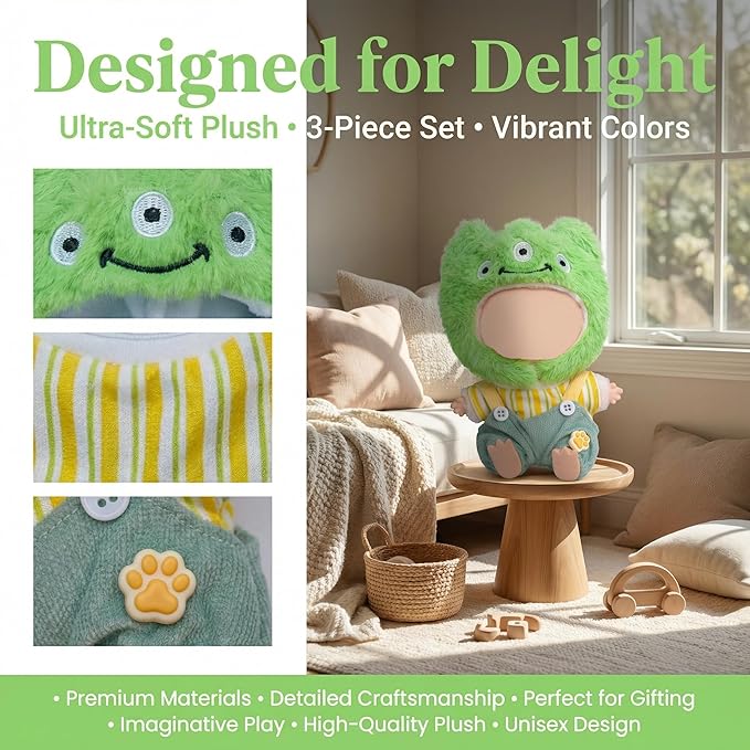 Clothes for Labubu 17cm Doll (NO Doll), 5 Piece Labubu Clothes Set, Cute Labubu Outfits with Accessories, Handmade Crochet La Bubu Doll Dress Up Set（Keroppi）