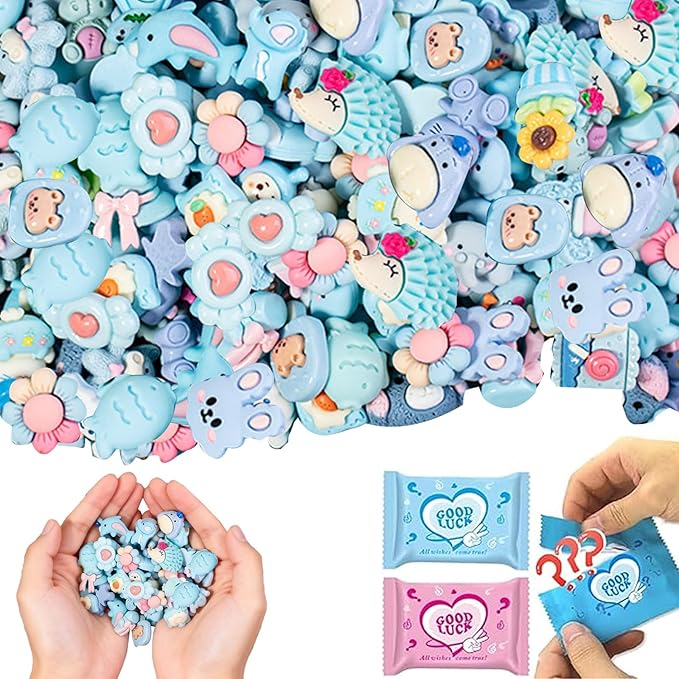 50PCS Blue Series Cartoon Resin Mystery Blind Bag – Mini Cute Figures for Kids Crafts, Tiny Random Toy Charms, DIY Phone Case Decorations, Surprise Collectible Resin Miniatures Variety Pack