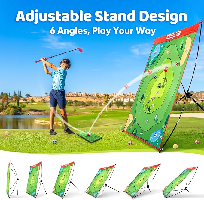 Golf Chipping Game Set: Large Chipping Mat, 1 Adjustable Club, 20 Sticky Balls, Indoor Outdoor Golf Practice Training Toy Gift for Kids Adults, Family Yard Target Game