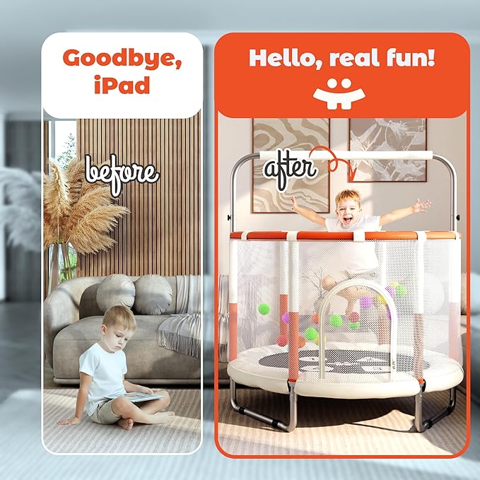 Happin® 55’’ Trampoline for Kids with Safety Enclosure, Indoor & Outdoor Toddler Trampoline, Ultra Safe Design with Multi Activity Accessories, Perfect Toddler Gift for Boys & Girls Ages 1–8