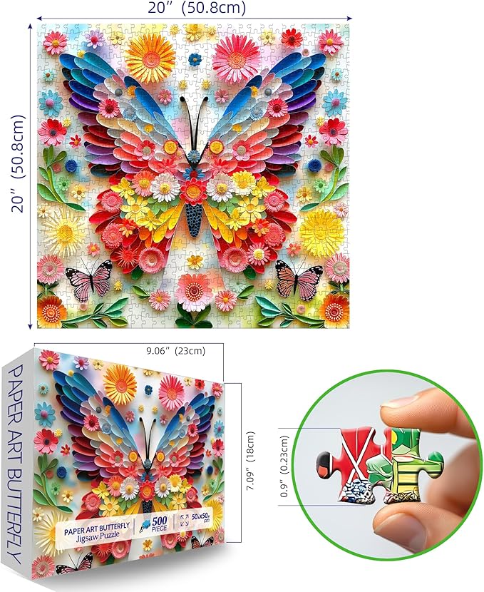 Puzzles for Adults 500 Pieces Colorful Butterfly FlowerJigsaw Puzzles 500 Pieces Difficult Fun Paper Art Unique Beautiful Family Puzzle Challenging Games Gift for Teens Adults (20"x20")