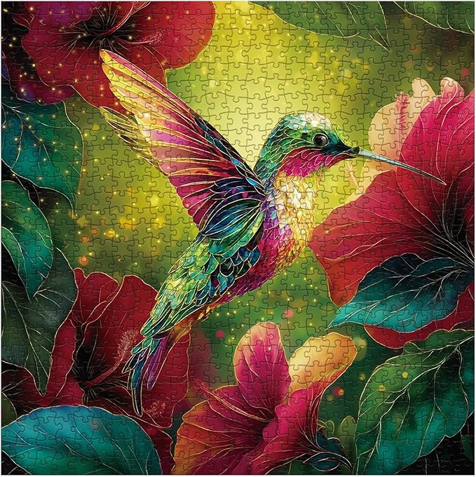 Stained Glass Hummingbird Puzzles for Adults 1000 Pieces, Magic Aesthetic Flower Bird Jigsaw Puzzles, Colorful Art Nature Plant Floral Hibiscus Puzzle