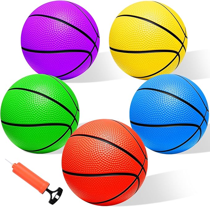 Mini Basketball Set - 5 Pack 6" Small Balls with Pump, Over The Door Mini Hoop Replacements, Toy for Toddlers, Kids, Teenagers, Pool, Indoors, Outdoors