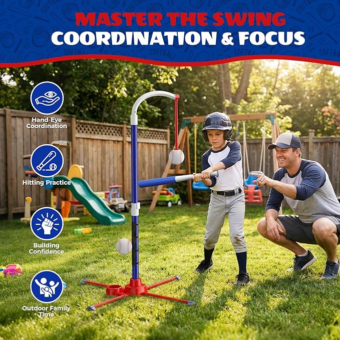 3-in-1 T Ball Set for Kids 3-5, Adjustable Baseball Tee with Auto Ball Launcher, Hanging Stand & 4 Balls, Indoor/Outdoor Sports Toys Gifts for Boys Girls Ages 5-8