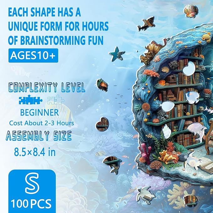 Wooden Puzzles for Adults, Undersea Book House Wooden Jigsaw Puzzle for Adults, Unique Shape Wood Puzzles Adult, Presents for Women and Men, Wall Art Home Decor(S -8.5 * 8.4in-100 pcs)