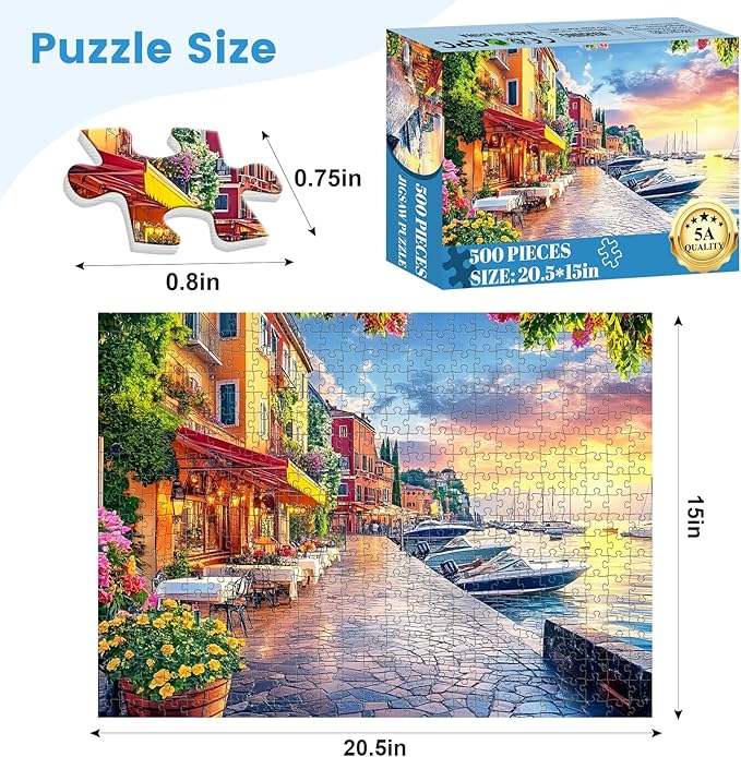 500 Pieces Jigsaw Puzzles for Adults, Seaside Sunset Puzzle for Adults Seniors,Harbor Speedboat Puzzle 500 Pieces, Gift for Birthday, Home Decor, Fun for Family(20.5 * 15 in)