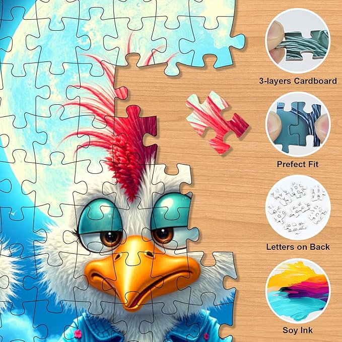 Chicken Puzzles for Adults 500 Pieces - Funny Colorful Chickens Jigsaw Puzzle, Chicken Under the Moon Art Puzzle with Letters on Back, Cute Cartoon Animal Puzzles as Thanksgiving Home Decor