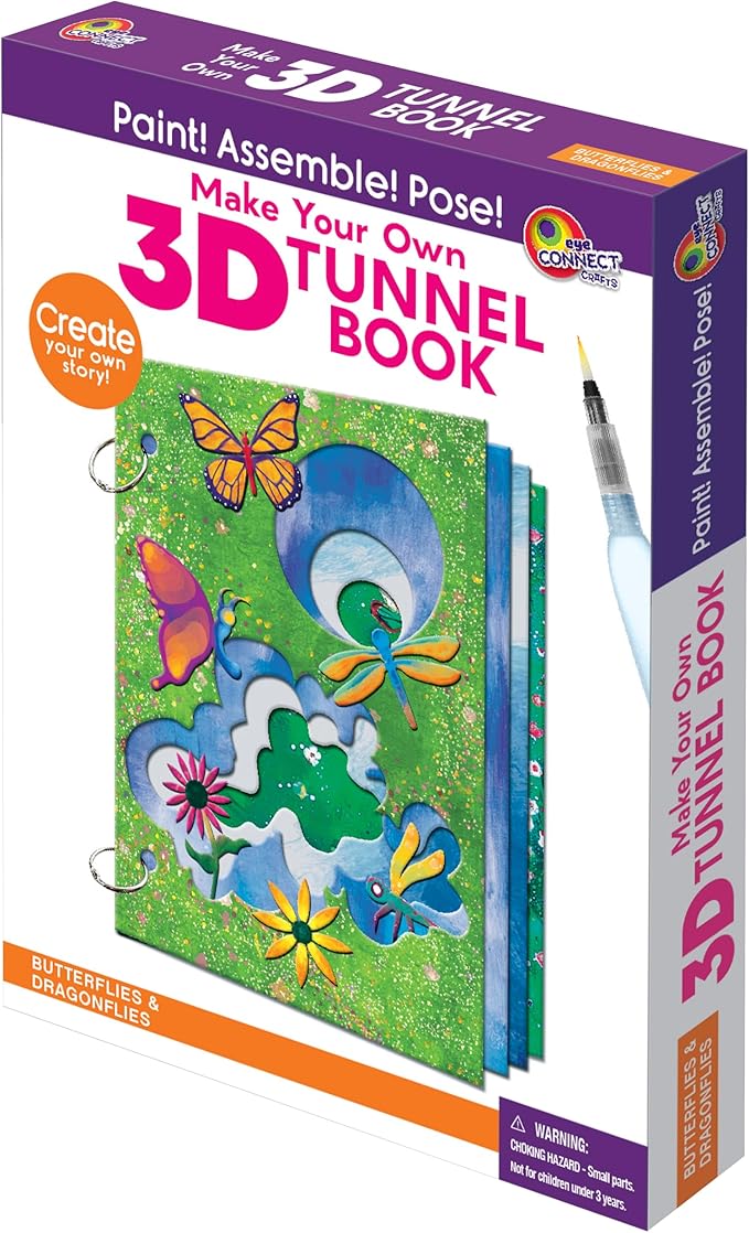 MAKE YOUR OWN 3D TUNNEL BOOK - BUTTERFLIES & DRAGONFLIES | Medium Size DIY Book Art & Craft Kit | Build, Paint & Draw Your Own Book with Mini Animals | Award-Winning STEAM Stationary Set | Ages 3+
