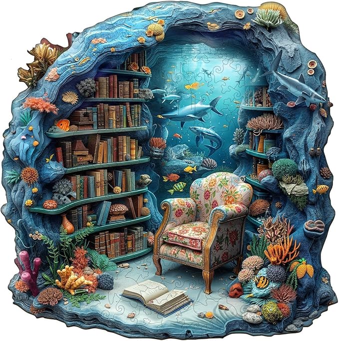 Wooden Puzzles for Adults, Undersea Book House Wooden Jigsaw Puzzle for Adults, Unique Shape Wood Puzzles Adult, Presents for Women and Men, Wall Art Home Decor(M -11.4 * 11.3in-195 pcs)
