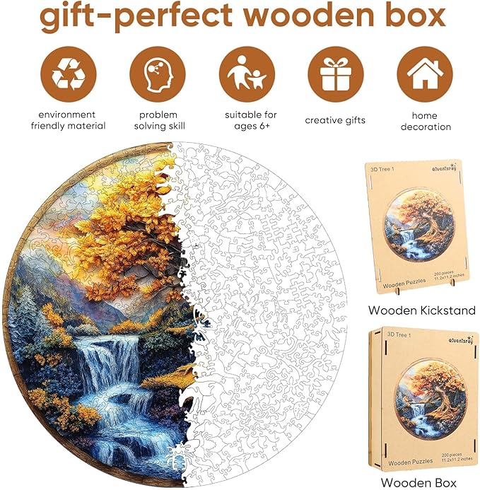 Qiuenisray Wooden Puzzles for Adults, Tree of Life Waterfall River Jigsaw Puzzles 200 Piece, FSC Certified Unique Shape Puzzles Piece, Wall Decor Wood Puzzle Creative Gift for Family Game 11.2x11.2 in