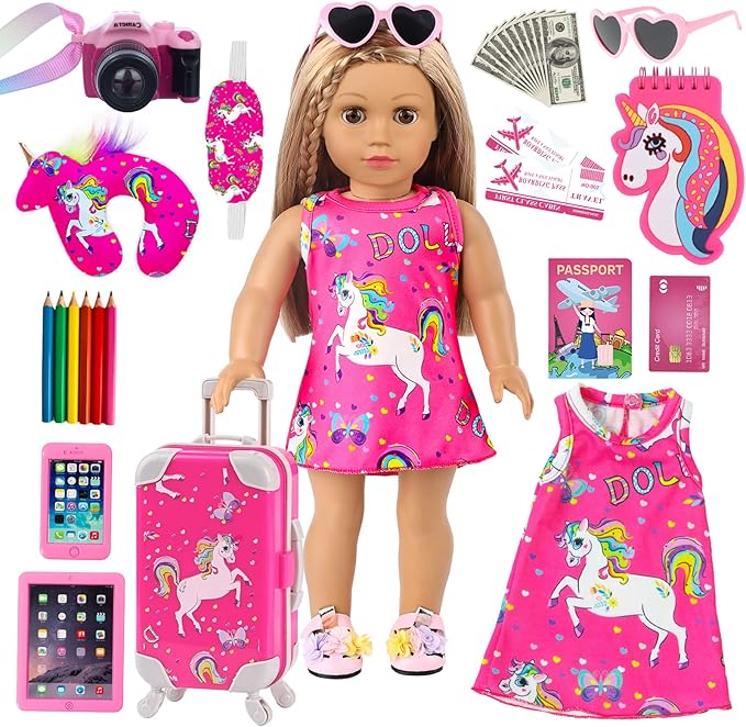 ZQDOLL American 18 Inch Doll Clothes and Accessories Travel Luggage Play Set Including 18 Inch Doll Clothes Travel Suitcase Travel Pillow and Eye Mask(Dolls & Shoes Not Included)