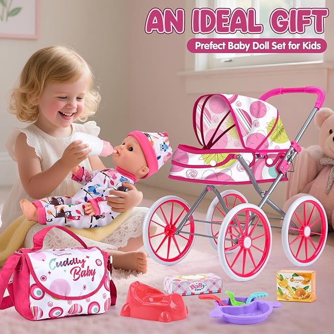 Baby Doll Stroller Toy Set with 12.5'' Doll, Diaper Changing, 2 Doll Clothes, Pacifier, Storage Bag, Baby Doll Accessories and Toy Baby Stroller for Girls Toddlers 3-5 4-6 5-7 Gifts for Pretend Play