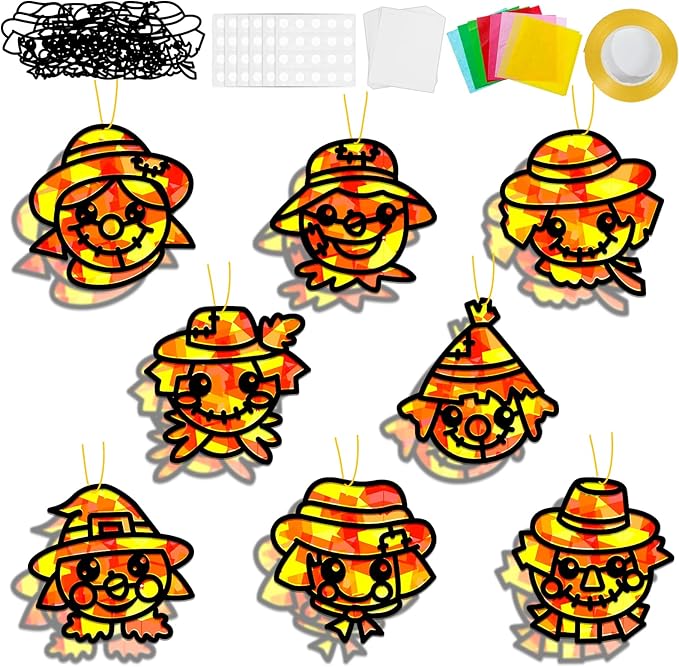 QOUBAI 32 Sets Fall Scarecrow Suncatchers Craft Kit DIY Window Stained Glass Effect Autumn Scarecrow Paper Crafts Home School Classroom Decoration Kid Birthday Gift Creative Art Project Activity Game