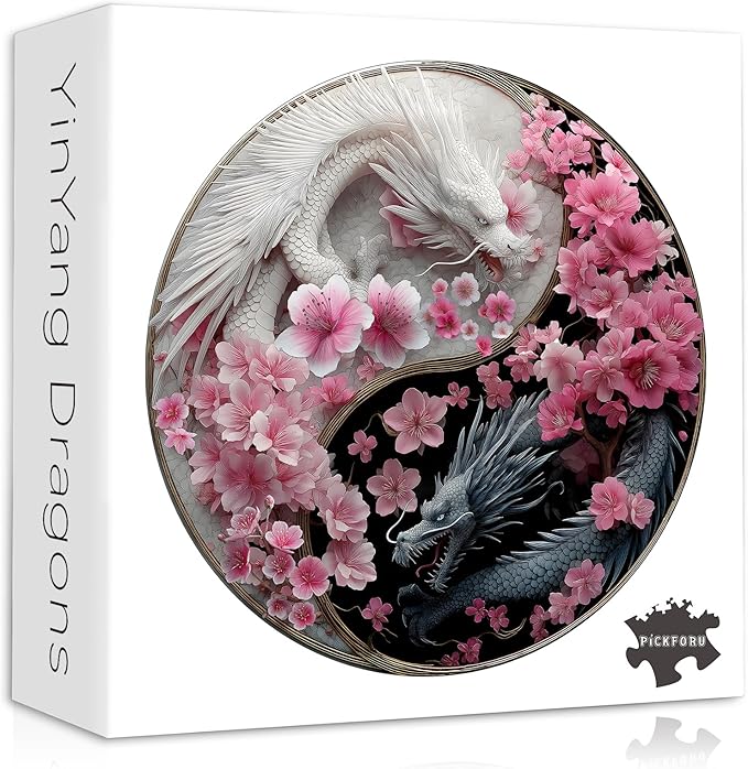 PICKFORU Dragon Puzzles for Adults 1000 Pieces, Fantasy Dinosaur Round Puzzle Flower Yinyang Animal, Floral Circle Unique Art Challenge Jigsaw Puzzle