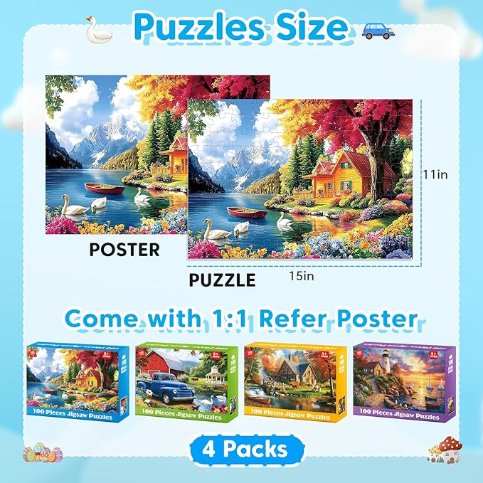 100 Piece Puzzles - 4 Themed Landscapes Large Piece Puzzles for Senior Adults Kids Puzzle Ages 5-8 Jigsaw Puzzle for Kids Ages 4-6 6-8 8-10 Year Old Educational Toys for Girls Boys 4-Pack