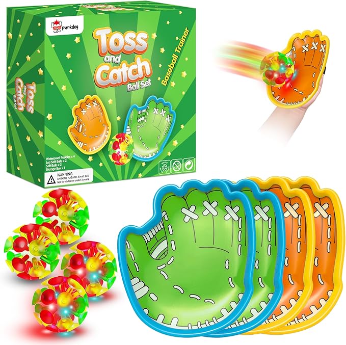 punkdog LED Toss and Catch Ball Game Set - 2 LED and 2 Regular Suction Cup Ball with 4 Easy-Grip Gloves - Beach Sports Toys for Kids - Outdoor Games for Backyard or Park - Easter Gift for Kids
