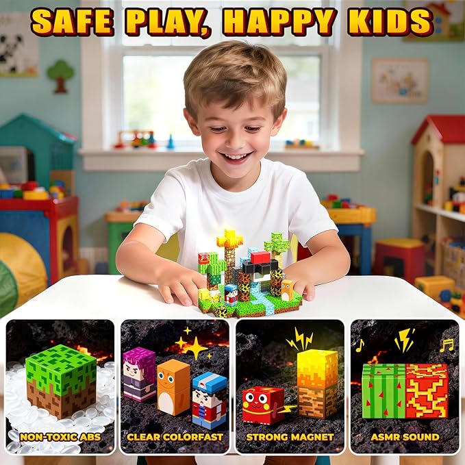 Light Up Magnetic Blocks, 208PCS Magnetic Building Blocks Light Up, Stacking Magnets for Kids, Sensory Toy for STEM Constructions Magnet Blocks for Boys Girls Age 3+, Birthday Gifts