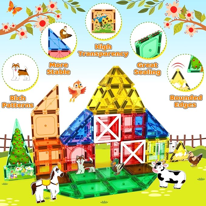 105 PCS Magnetic Tiles with Farm Animals, Magnetic Blocks Building Toys for 3+ Year Old Toddler, Construction STEM Magnet Toys Gift for Kids, Boys and Girls 3 4 5 6 7 8+ Year Old