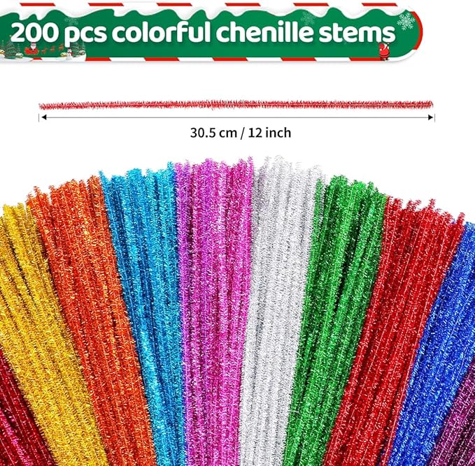 Eppingwin 200pcs Pipe Cleaners, Glitter Pipe Cleaners Craft Supplies, 10 Colors Chenille Stems for DIY Arts Crafts Project