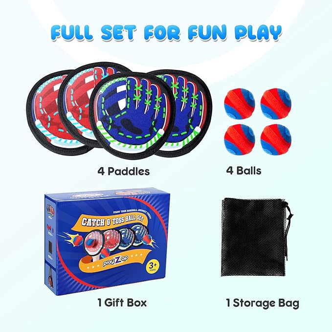 PlayZap Toss and Catch Ball Set Ultra Soft Fabric - Easter Basket Stuffers for Toddlers Kids Boys Girls 2-4 5-7 8-13+ Yrs - Baseball Glove Toy Indoor Outdoor Yard Game & Beach/Pool Toy Set 4 Pack
