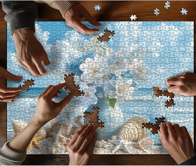 PICKFORU Beach Puzzles for Adults 1000 Pieces, Summer Ocean Flower Jigsaw Puzzle, Shell Starfish Marine Themed Challenging for Adults