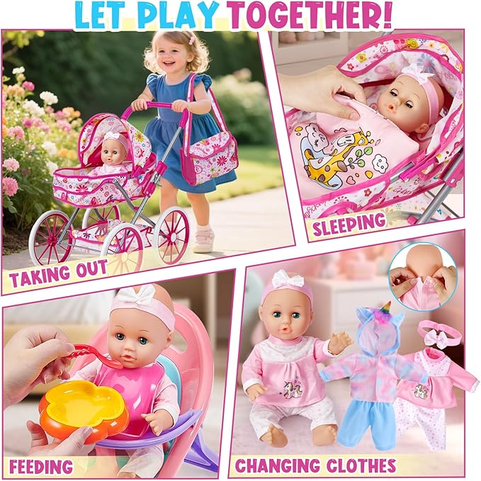 Golray 12 in Baby Doll Toys Set with Stroller for 3 4 5 6 Year Old Girl - 26pcs Babydoll with Accessories Quilt Pillow/Highchair/2 Clothes, Feeding Nursing Pretend Play Toddler Girl Toy Gift 3-5-7