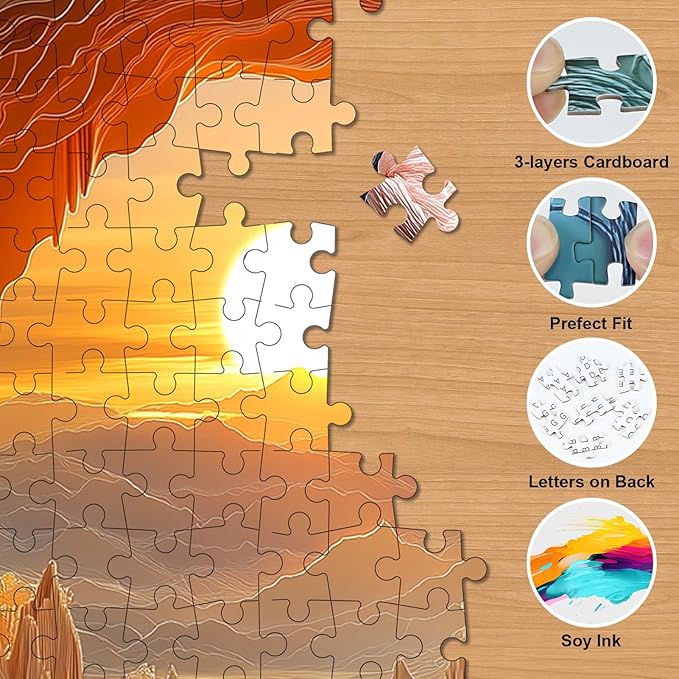 3D Stereo Visual Puzzles for Adults 1000 Pieces - Unique Dawn Cave Round Jigsaw Puzzle Stereo Effect, Beautiful Canyon Sunset Landscape Puzzle with Letters on Back, Challenging Hard Difficult Puzzles