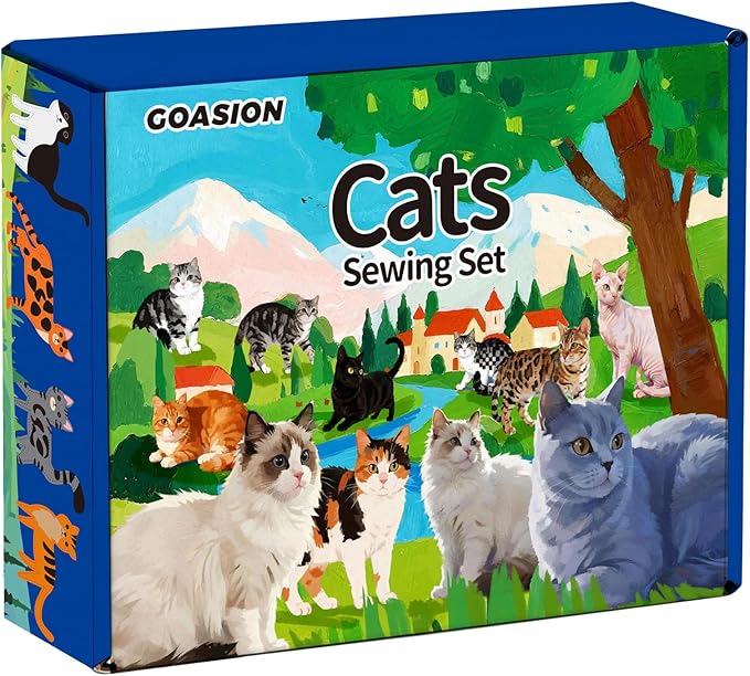 GOASION Sewing Kit for Kids, Cat Kids Sewing Kit, Pre Punched Design for DIY Hanging Decorations, Sewing Tit for Beginners Age 8-12, Boys & Girls Birthday Gift