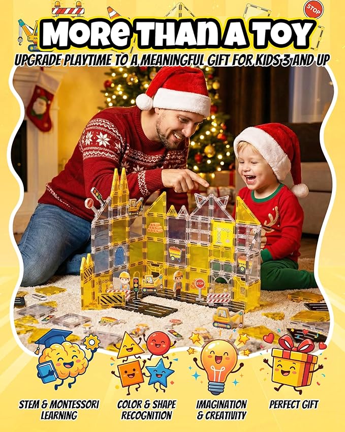 Magnetic Tiles for Kids, Construction Magnetic Building Blocks,37pcs STEM Educational Magnet Toys, Ideal Gift for Boys & Girls for Christmas & Birthday