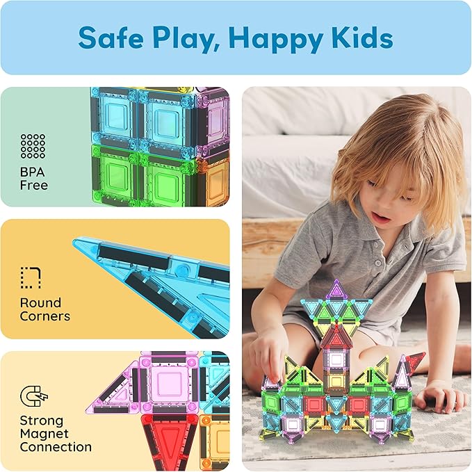 PicassoTiles 50PC Nano Magnetic Tile Travel Toy Construction Building Blocks Playset with Storage Case STEM Montessori Classroom Learning Magnet Tiles Stacking Toys for Toddlers Girls Boys Age 3+ PN02