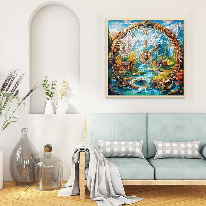 Landscape Clock Puzzles for Adults 1000 Pieces, Art Nature Mountain Flower Plant Jigsaw Puzzles, Challenging Colorful Scenic River Cabin Watch Spring Puzzle