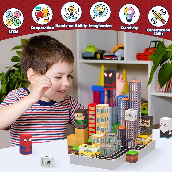 150PCS Magnetic Blocks Building Toys Set, Spider Toys Magnetic Building Blocks for Boys Girls Ages 3+, 1 Inch Magnet Cubes STEM Sensory Construction Toy City Themes