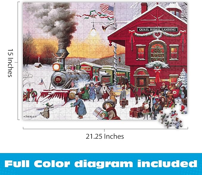 Buffalo Games - Whistle Stop Christmas - 500 Piece Holiday Puzzle for Adults - Charles Wysocki Jigsaw Puzzles - Festive Train Scene with Poster – 500 Colorful Pieces