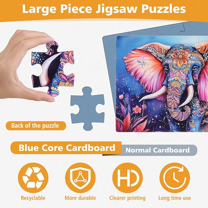 6 Packs 20 Large Piece Puzzles for Seniors with Dementia│Alzheimer’s Puzzles Memory Cognitive Games Easy Jigsaw Puzzles for Elderly Seniors with 6 Storage Bags(Animal)