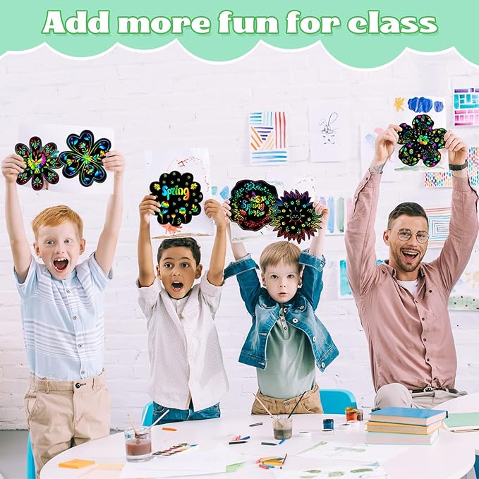 Hungdao 60 Pcs Flowers Scratch Cards Rainbow Summer Scratch Paper for Kids Rainbow Flower Crafts with Bamboo Stylus and Ribbon for Home Classroom School DIY (Flower)