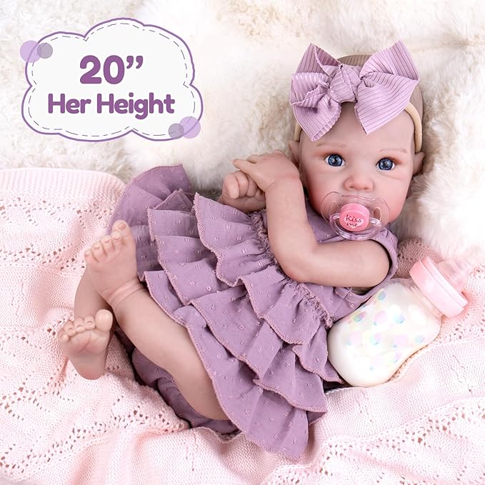 Aori Lifelike Reborn Baby Dolls - 20'' Realistic Newborn Girl Weighted Real Baby Doll with Purple Outfit Set - Soft Cloth Body for Cuddling, Gift for Kids 3+