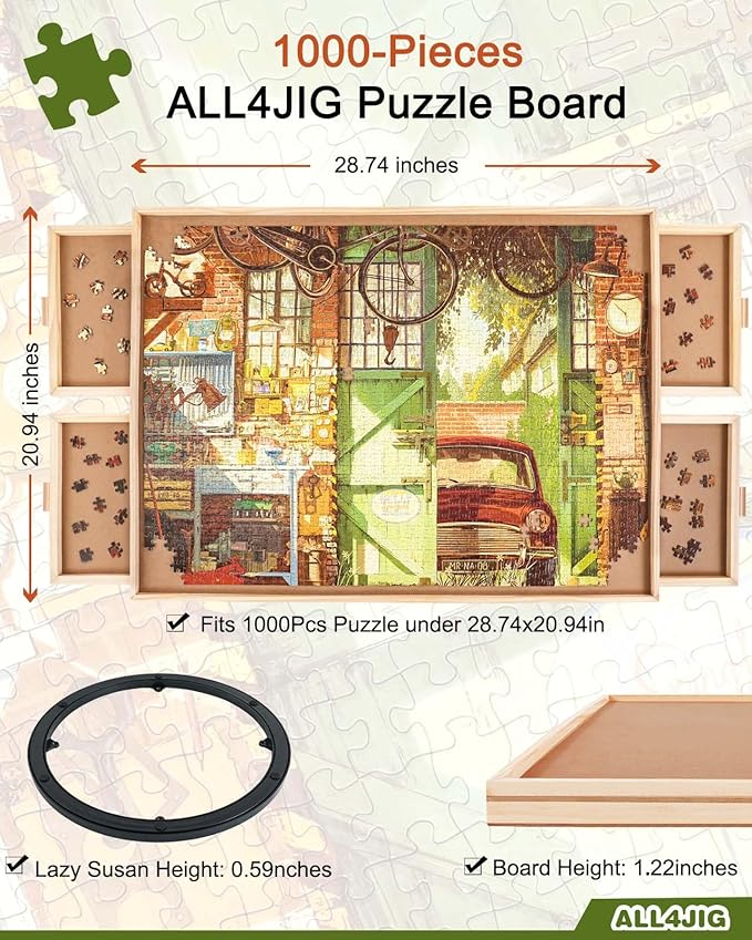 ALL4JIG 1000 Piece Rotating Puzzle Board with 4 Drawers 20.94"x28.74"Portable Wooden Jigsaw Puzzle Table for Adults Portable,Lazy Susan Spinning Puzzle Boards Birthday Gift for mom