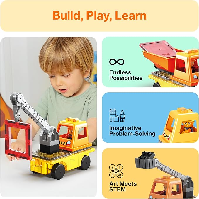 PicassoTiles Magnet Tile Building Blocks 3-in-1 Crane, Dump Truck, and Ladder Construction Vehicle Brick Compatible Magnetic Tiles Toy Set with Car Base Character Action STEM Learning Kit Age 3+ PTU03
