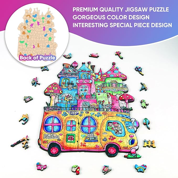 Delobil Wooden Puzzles for Adults, Car Jigsaw Puzzles 500 Piece, Unique Shape School Bus Puzzle for Adults and Kids, Fun Challenging House Puzzles Family Game Gift, 23.2 x 13.2Inches