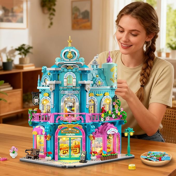 Castle Dairy Bakery Store Building Set with Light, Easter 1689 PCS City House Building Block Toy with Milk Cake Bread, Home Decor Construction Model Kit for Adults Kids Boys Girls Ages 12+