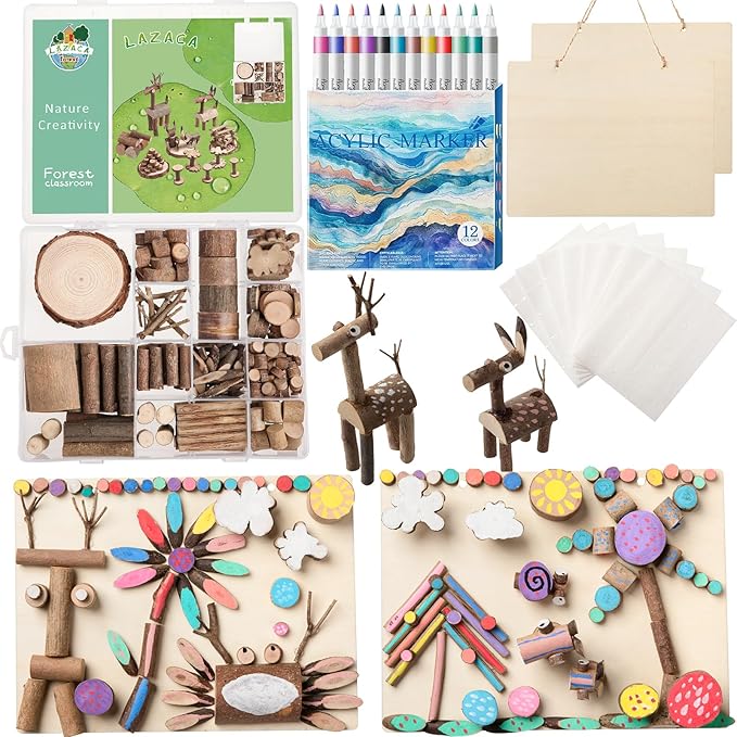 LAZACA Arts and Crafts Kit Wooden Creativity Painting Set for Kids, DIY Loose Part Play Projects Parties Camping Homeschool Supplies, Unfinished Natural Wood Slices Sticks Set for 5+ Size-21X17X4cm