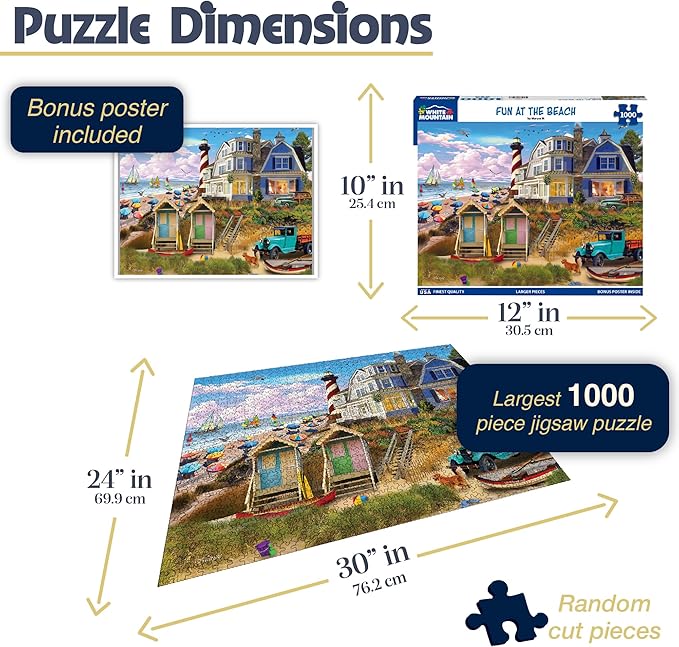 White Mountain 1000 Piece Jigsaw Puzzle Coastal Summer Lighthouse Puzzles with Large Pieces Gift for Adults and Family 24"x30" - Fun At The Beach