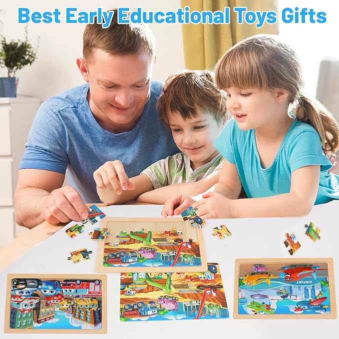 Puzzles for Kids Ages 4-6 – 24-Piece Toddler Puzzles Set (4 Packs) – Construction & Vehicle Learning Activity Toys for Boys & Girls, Perfect Preschool Wooden Puzzles for Toddlers 3-5